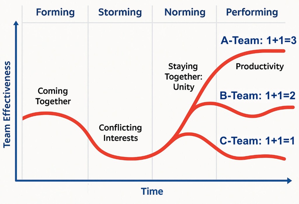 Team development curve across Forming, Storming, Norming, and Performing stages. At Performing, teams split into A-Team (1+1=3 synergy), B-Team (1+1=2 functional), or C-Team (1+1=1 underperforming).